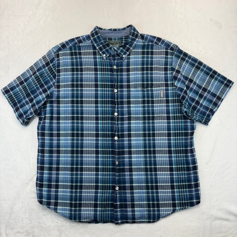 Woolrich Mens XL Blue Plaid Short Sleeve Button Down Shirt Outdoor Casual